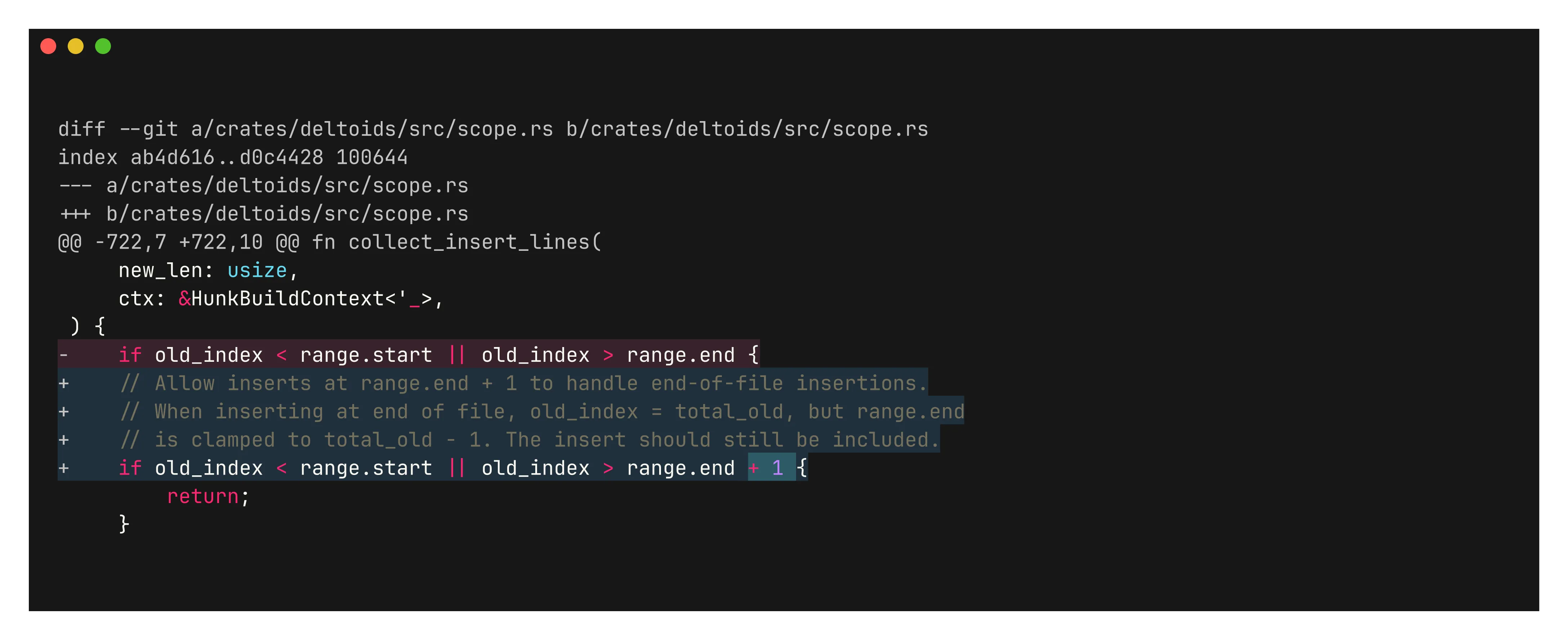 Default git diff: 3 lines of context, scope is invisible