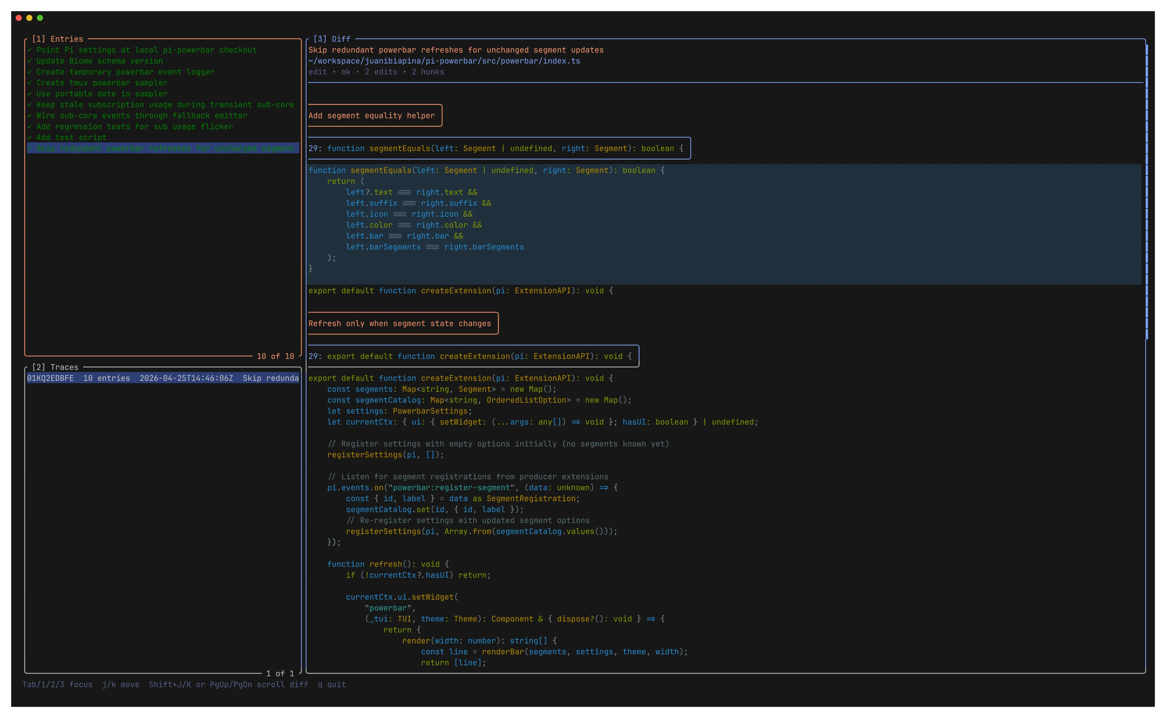 edit-tui showing a trace of agent edits with diffs and reasons