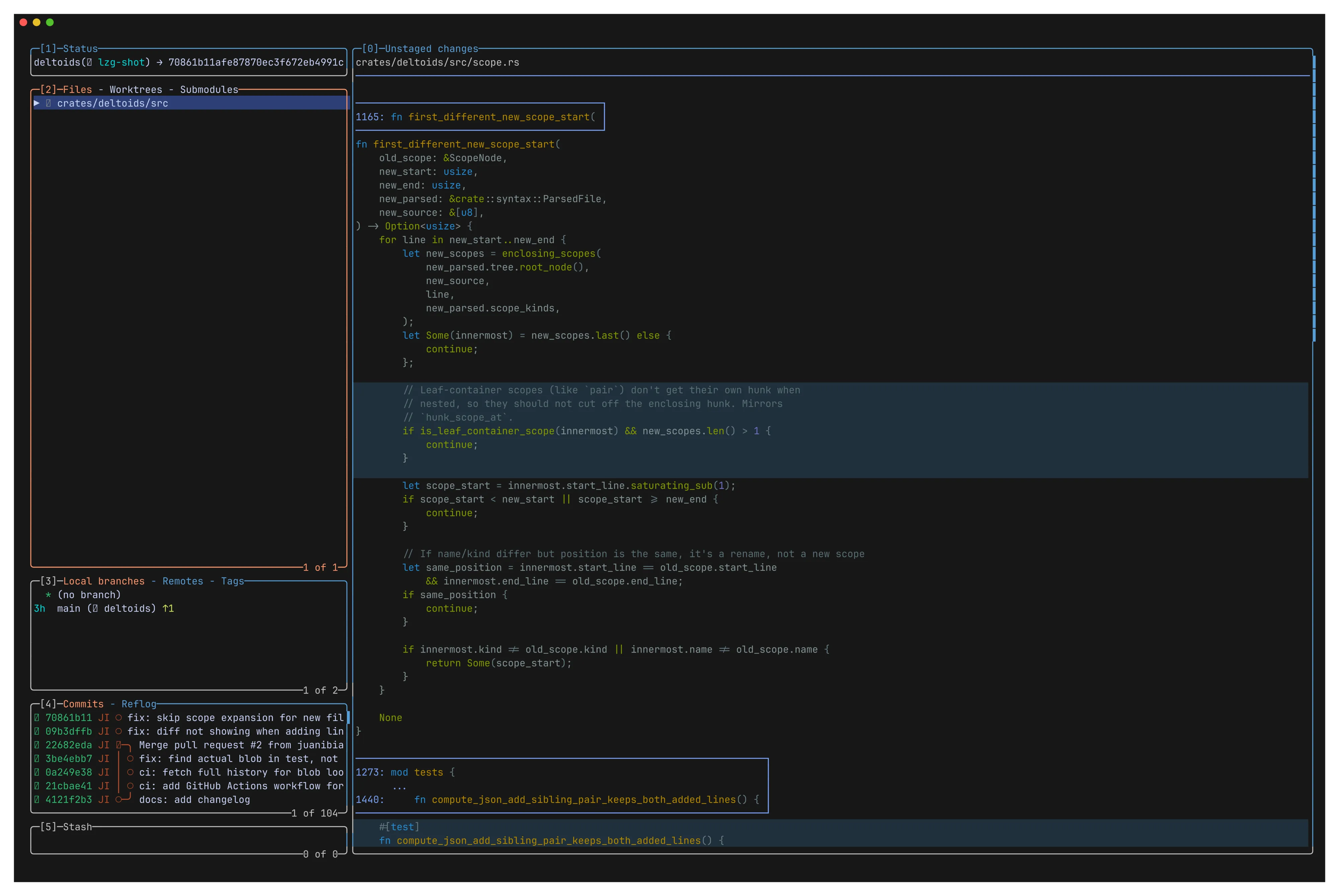 lazygit running with deltoids as the pager: hunks expanded to the enclosing function