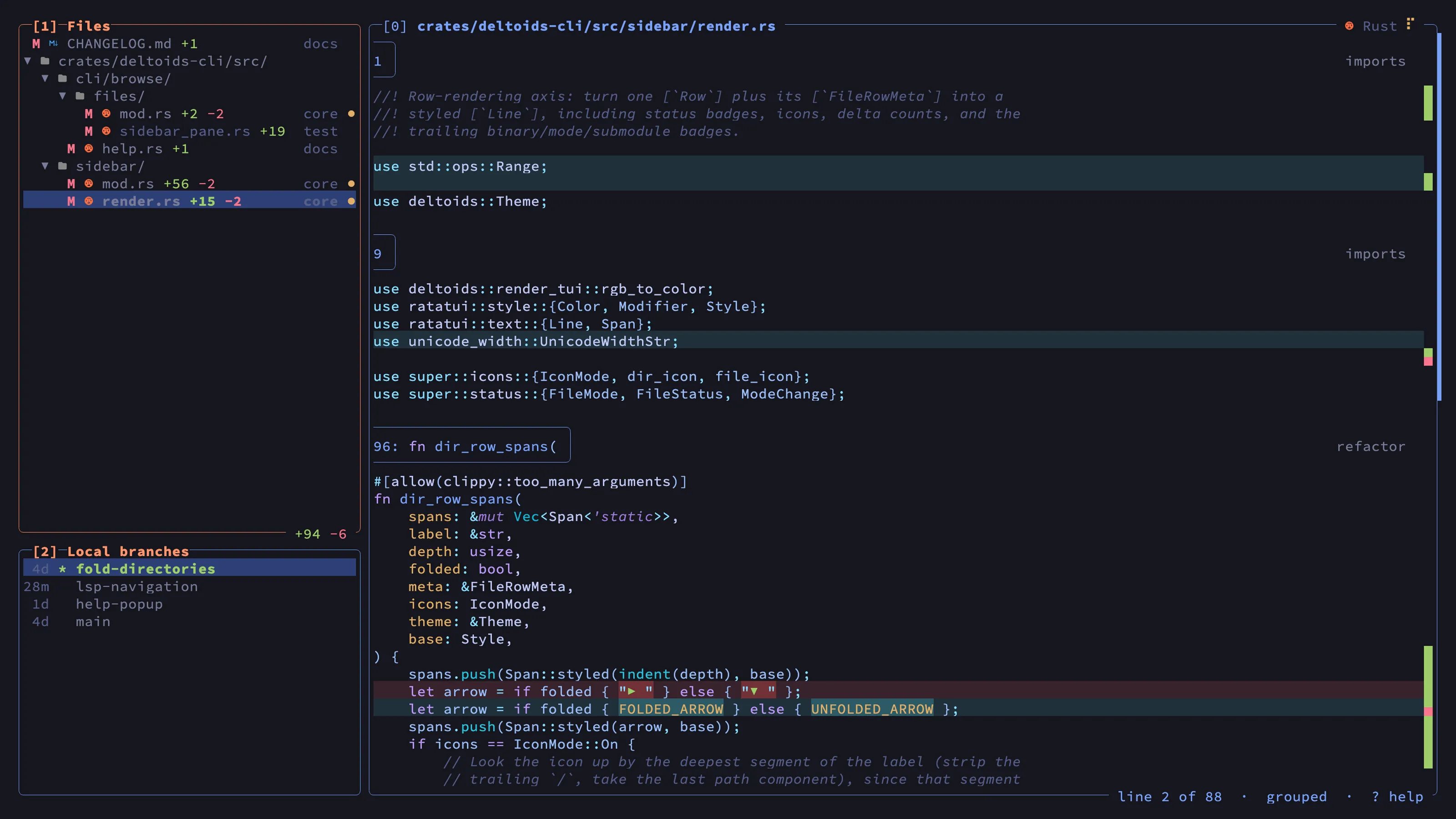 The deltoids TUI: the Files and Local branches panels on the left, a scope-expanded Rust diff with review tags on the right