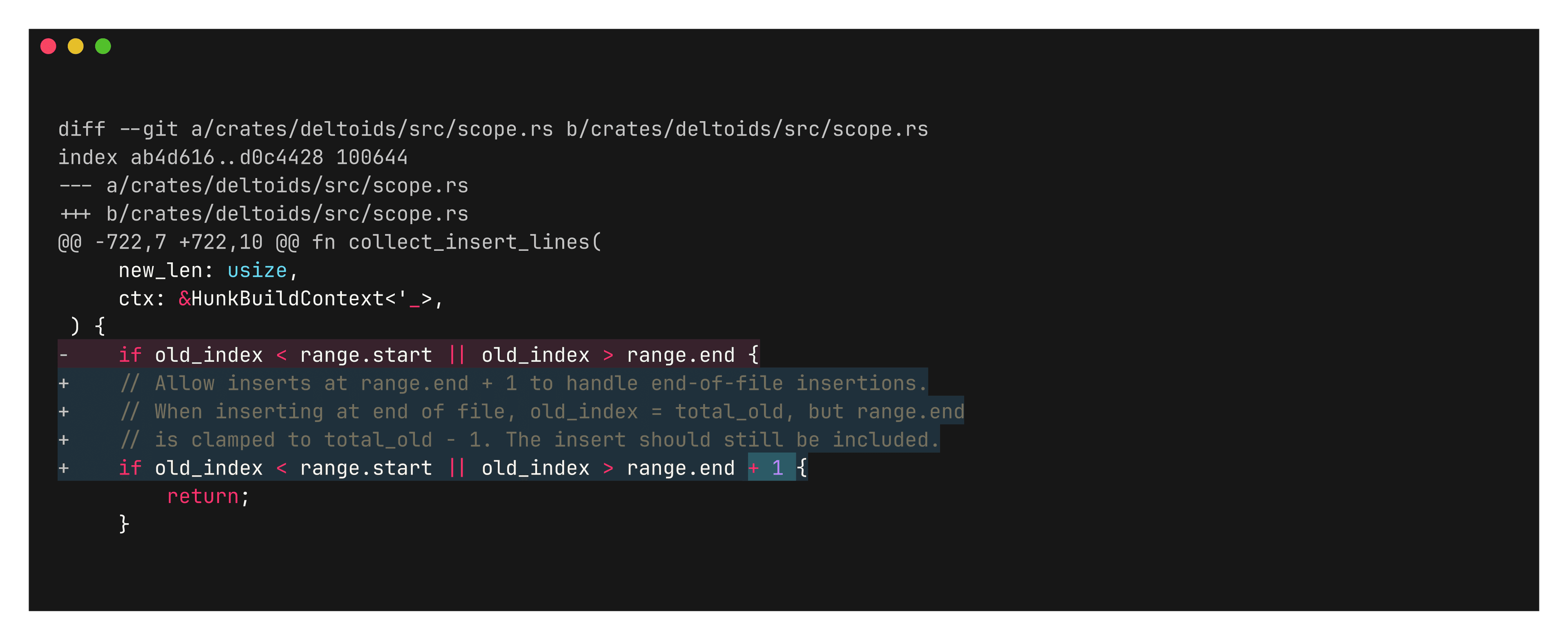 Default git diff piped through delta: a hunk header and three lines of context above and below the change. The reader has to scroll up to find which function this is in.