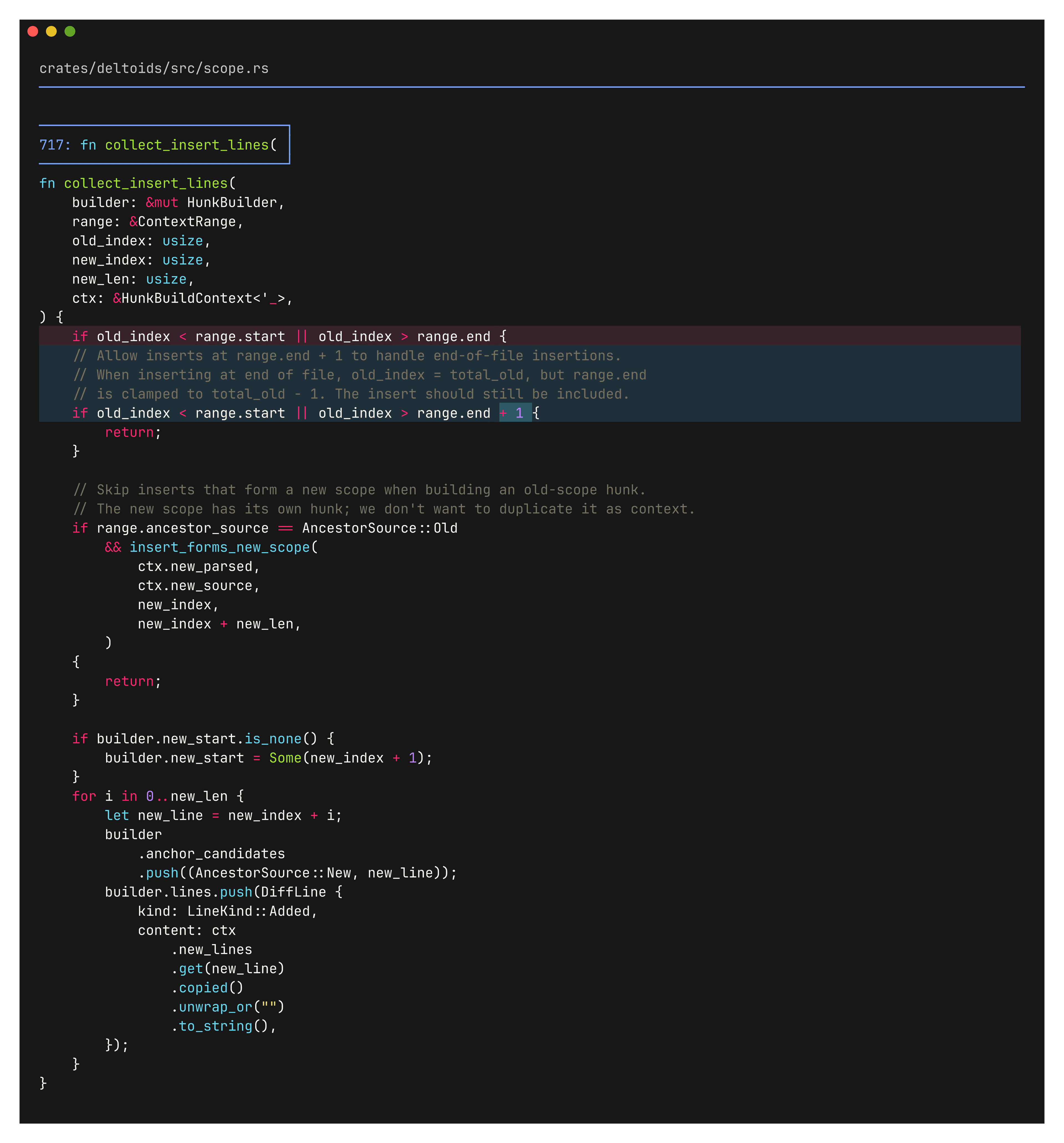 Same diff piped through deltoids: the entire enclosing context is included, from signature to closing brace, with a cyan boxed scope breadcrumb above the hunk.