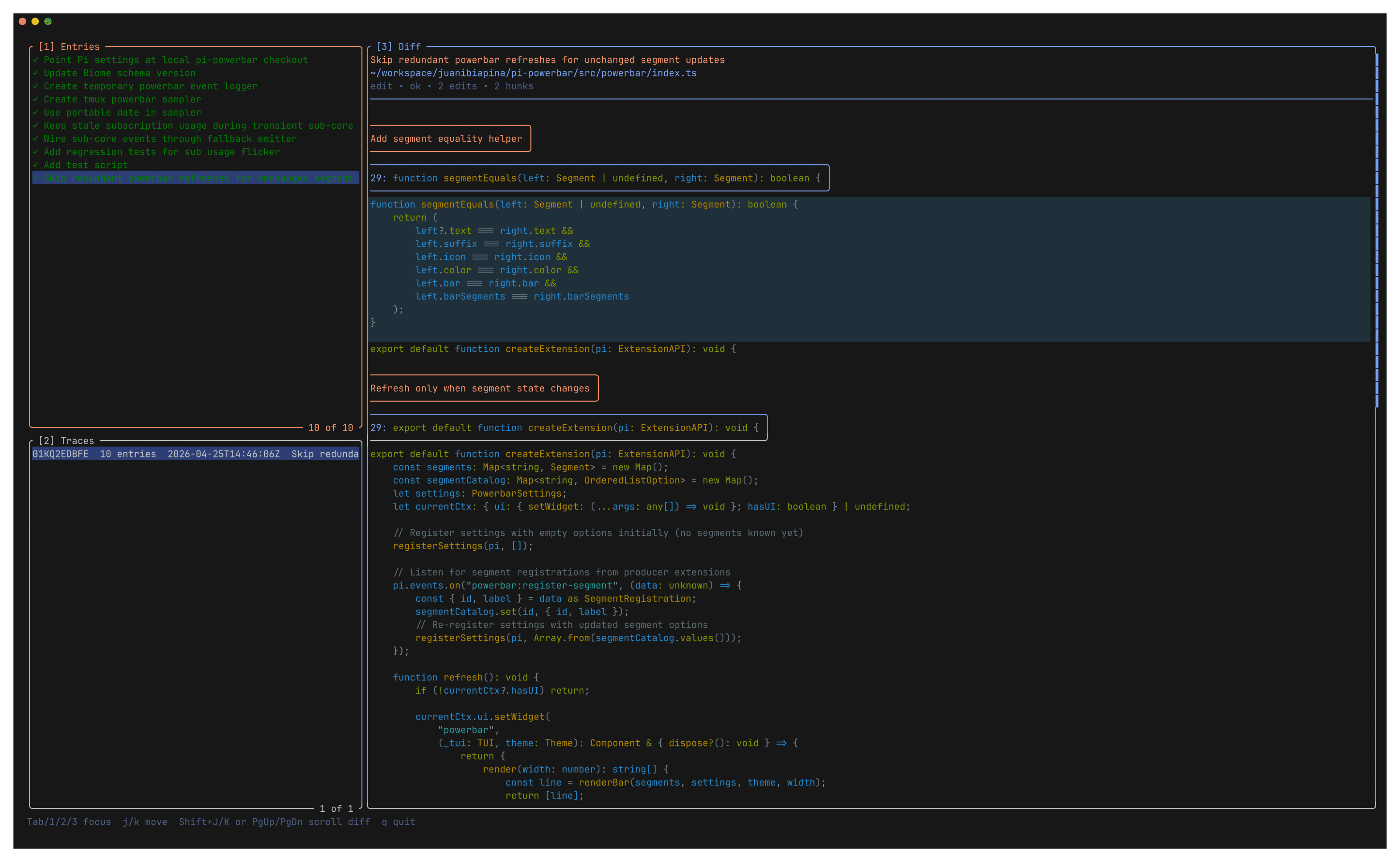 edit-tui browsing an agent trace: left pane lists each edit with a one-line reason; right pane shows the diff with deltoids' boxed scope context.