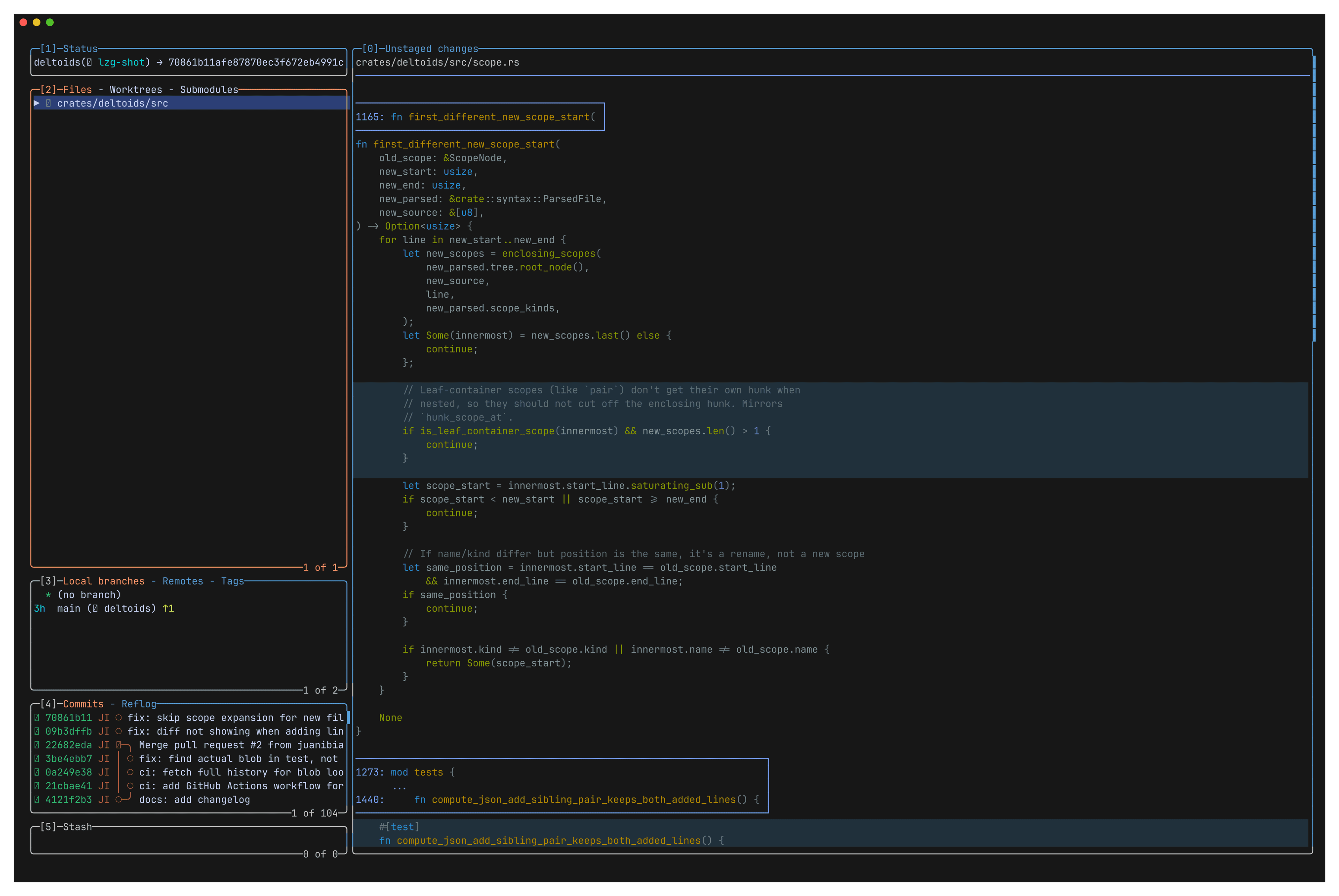 Lazygit with deltoids configured as the pager. The right pane shows a unified diff rendered by deltoids, complete with the cyan boxed scope context that names the enclosing block.